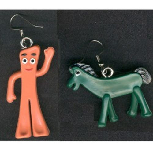 Funky Vintage ANTI-GUMBY / ANTI-POKEY EARRINGS-Retro Toy Novelty Costume Jewelry