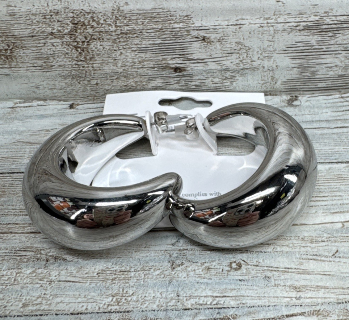 Fresh & CO. Crystal Collection Silver Earrings Chunky C-Hoop New in Package