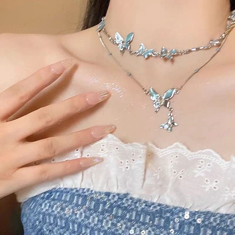 Blue Butterfly Necklace Bracelet Set for Women Zircon Pendant Necklace Jewelry