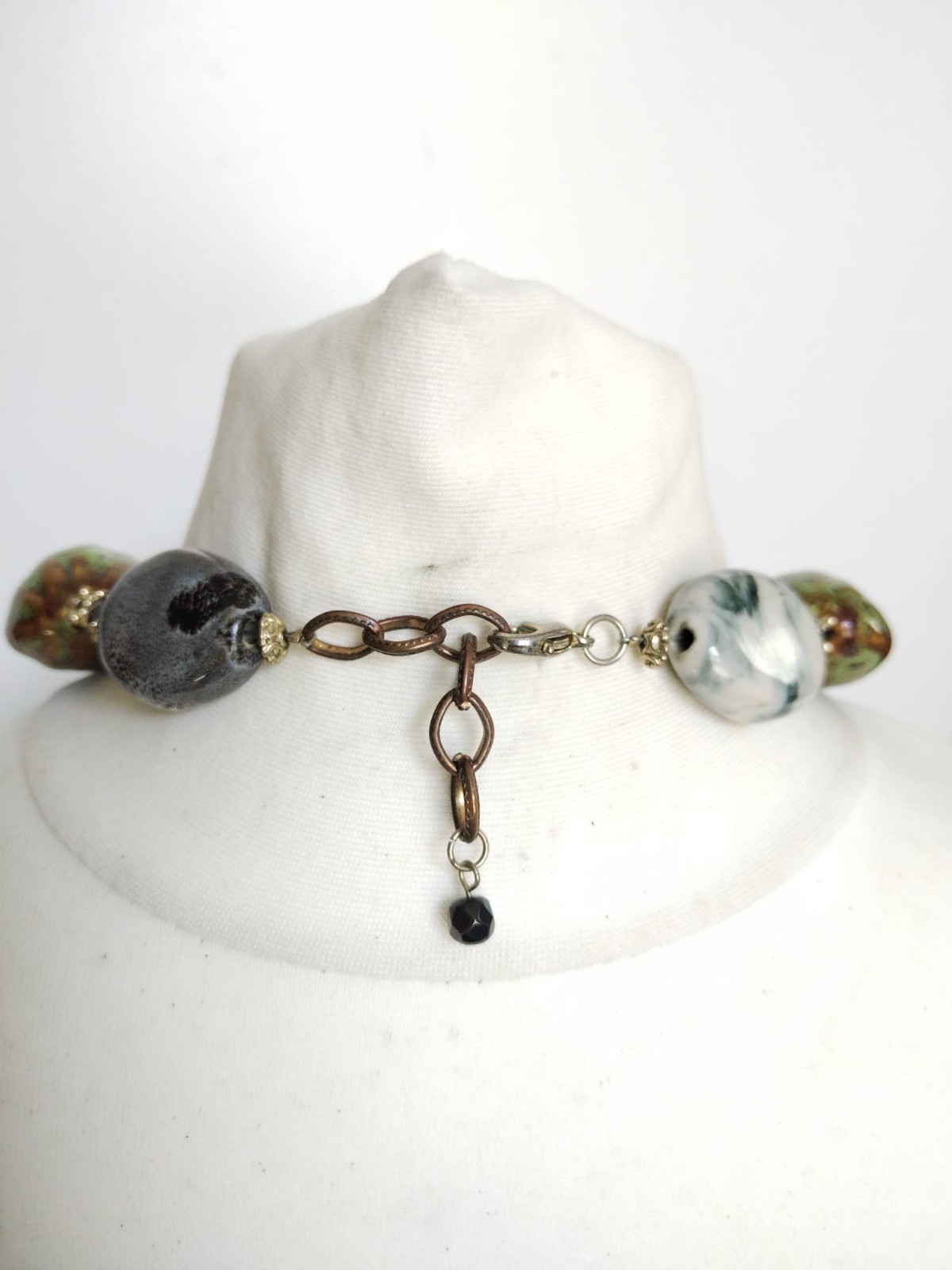 Chunky Glazed Ceramic Mixed Shapes Beaded Statement Necklace, blue green brown
