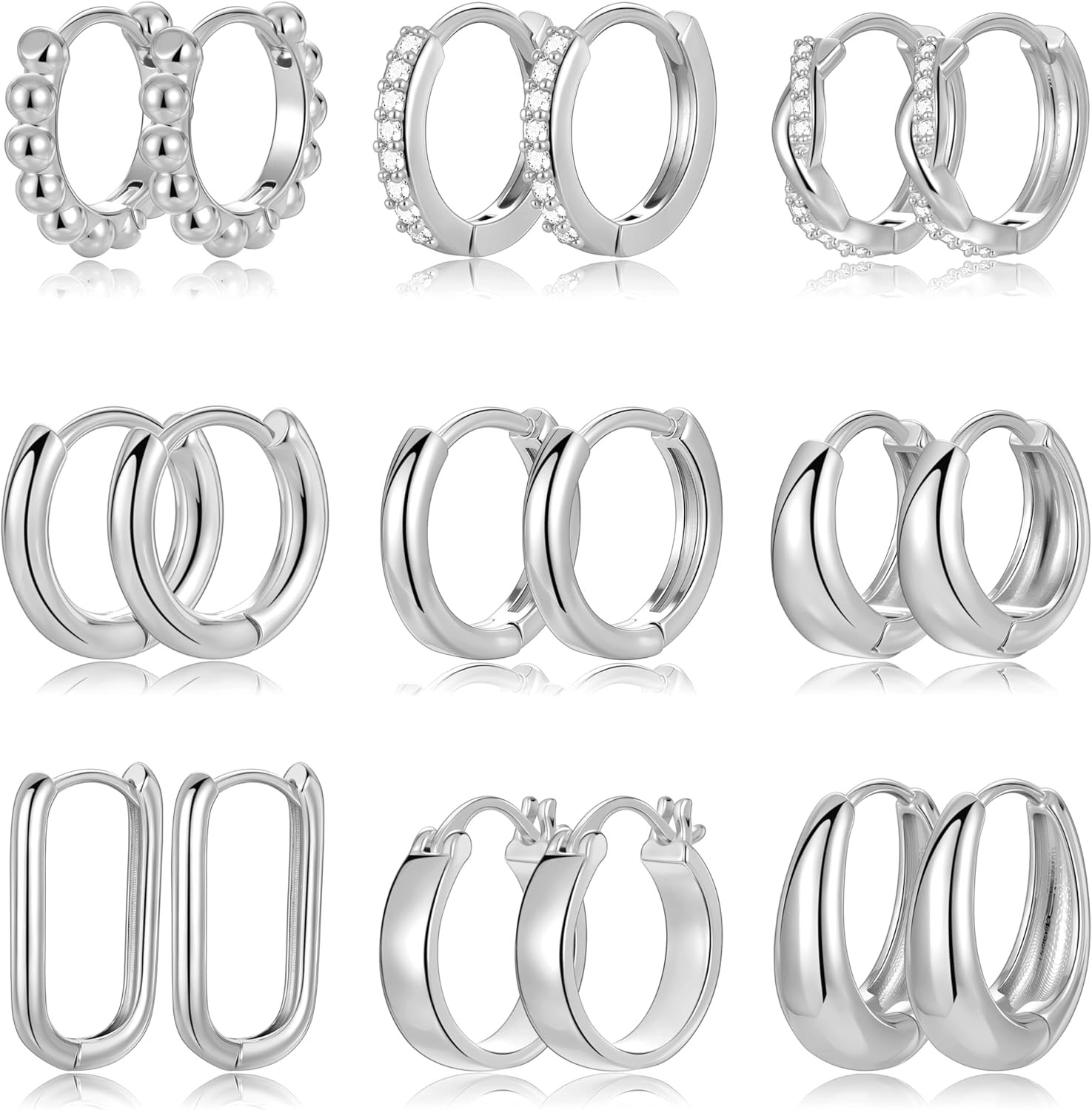 9 Pairs Small Gold/Silver Hoop Huggie Earrings Set for Women, 14K Gold Plated Ch