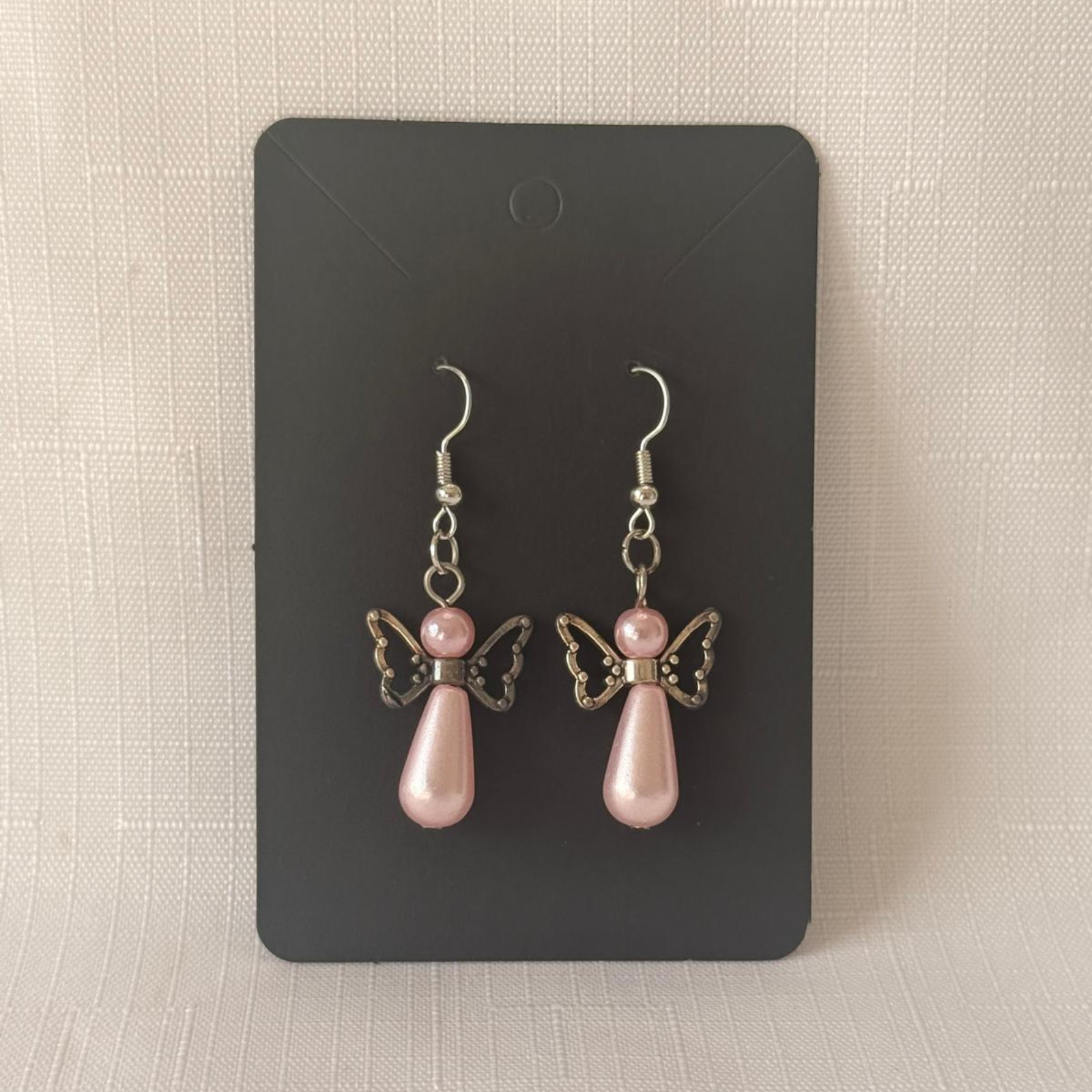 Angel Wing Earrings Silver Pearl Handmade Beaded Dangle Jewelry Gift
