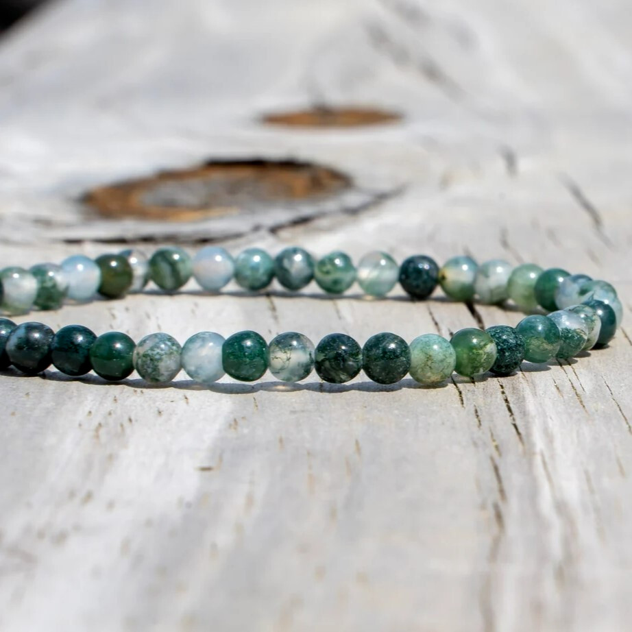Natural Moss Agate Beaded Bracelet – 4mm Healing Crystal for Balance & Luck Gift