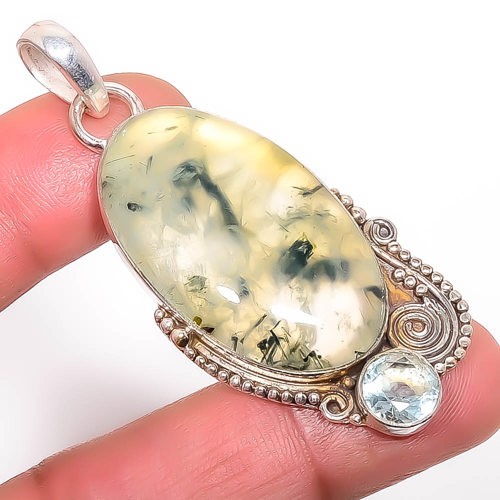 Prehnite & Topaz Gemstone 925 Silver Plated Bali Pendant 2.34″ T76