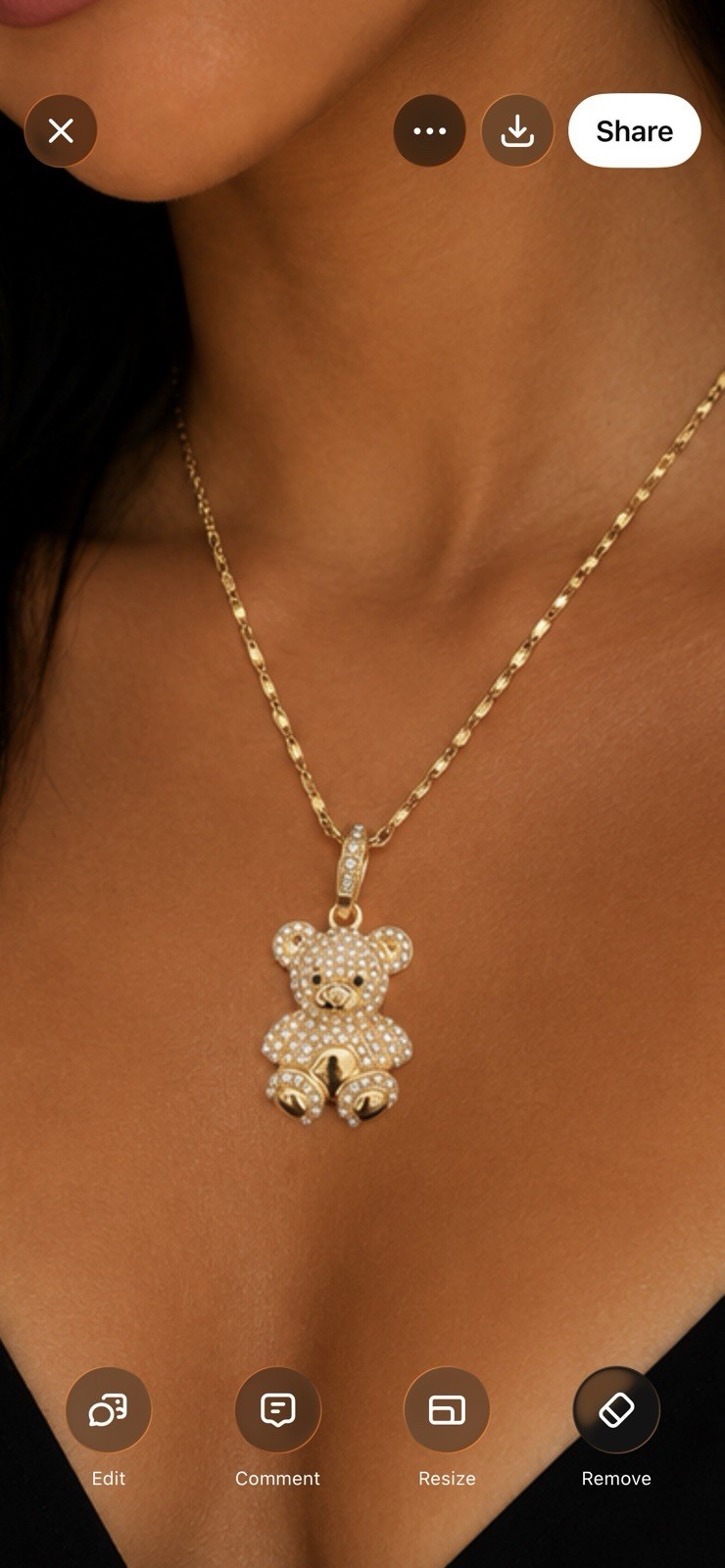 Gold Tone Bar Link Chain Teddy Bear Charm Pendant Necklace Pavé Clear Crystal