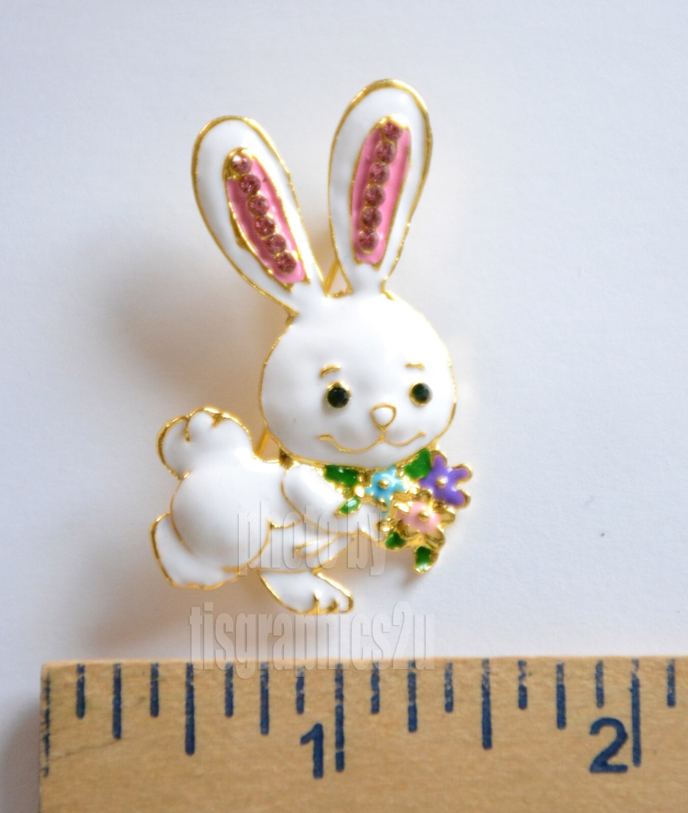 Easter Bunny w Flowers Pin / Spring Brooch / White Rabbit w Pink Ears
