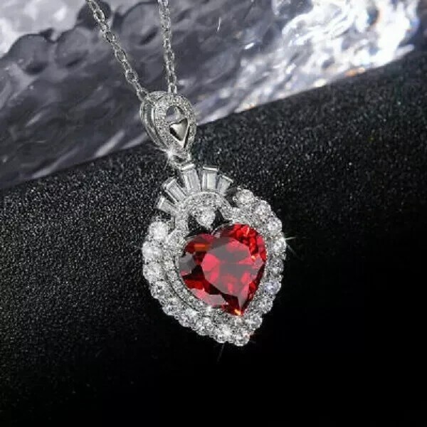 2Ct Heart Cut Simulated Red Ruby Double Halo Pendant In 14K White Gold Plated