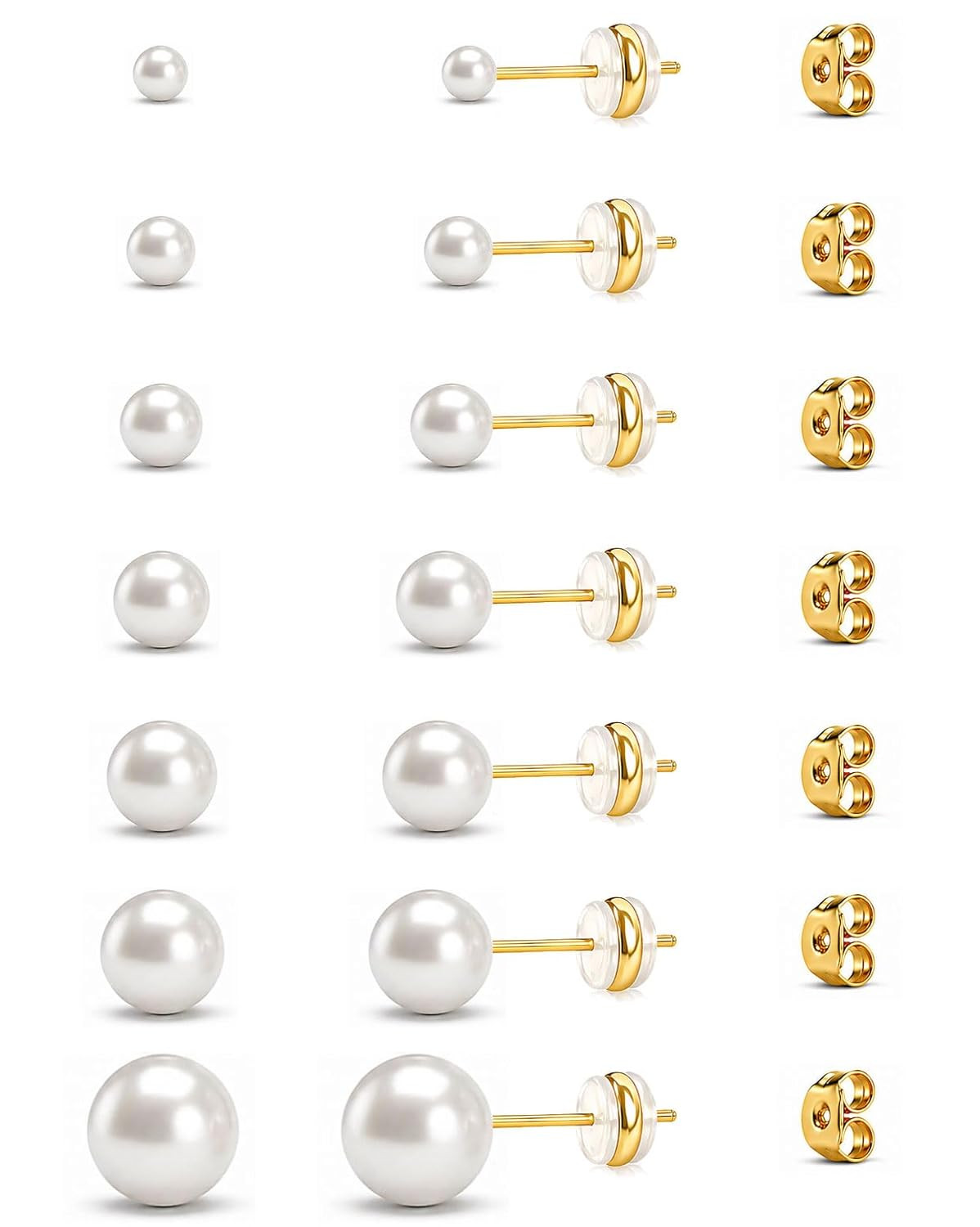 7 Pairs Gold Pearl Stud Earrings Set with Silicone Disc Backs | 3/4/5/6/7/8/10Mm