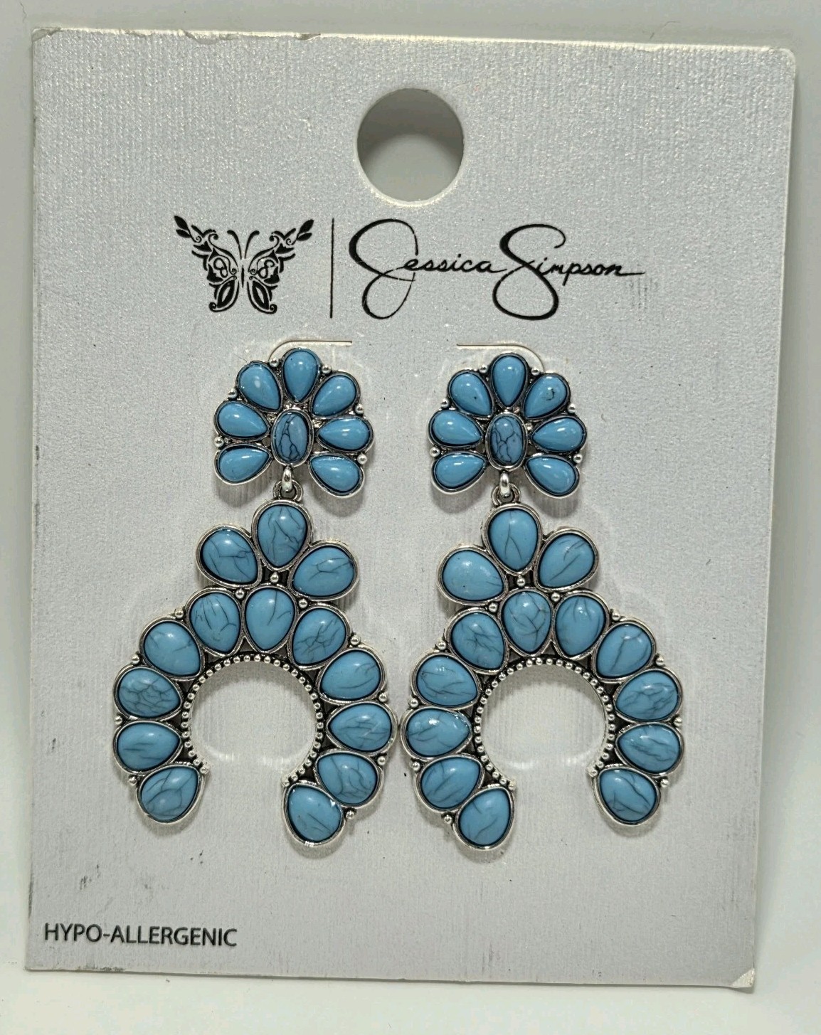 NIP Jessica Simpson Dangle/Drop Earrings Squash Blossom Metal Faux Turquoise