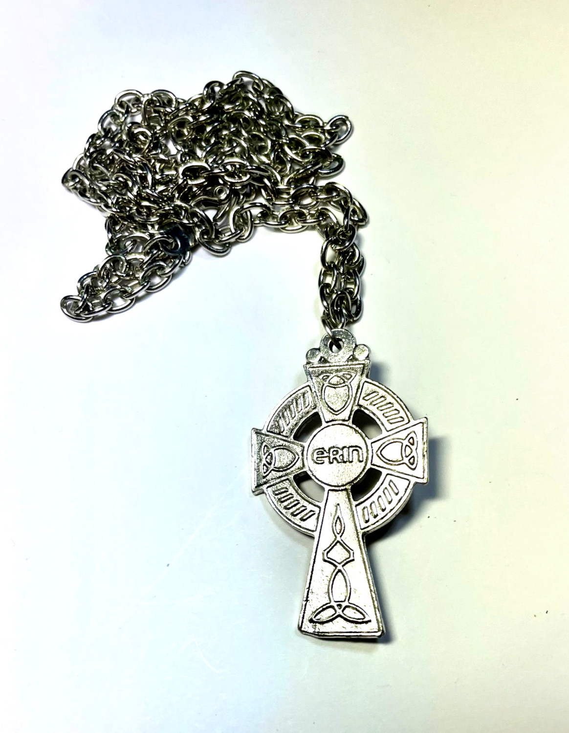 Irish Crucifix Necklace, Silver, 24 ” Chain, Lobster Claw Fastener