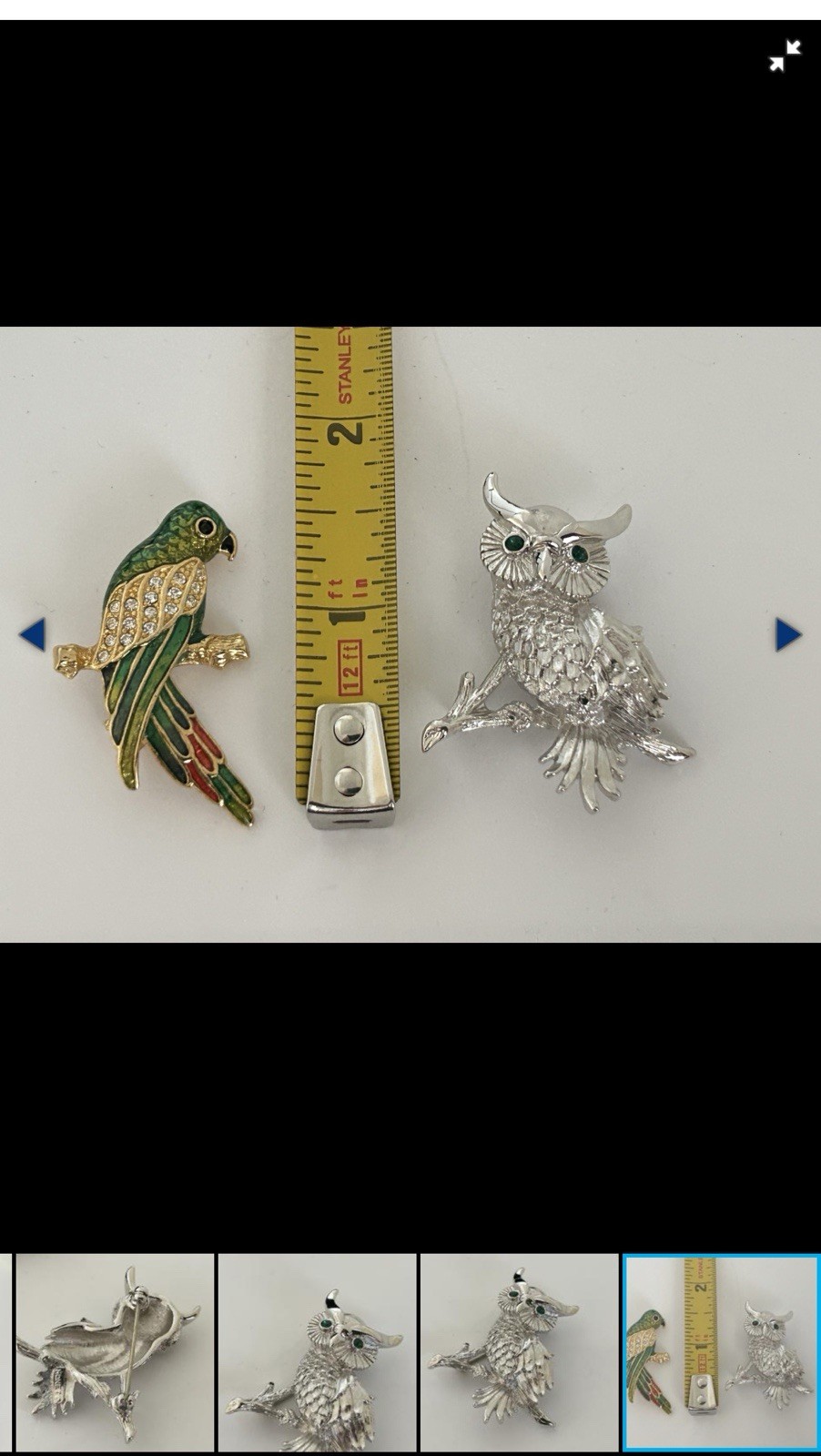 Signed 2pc Bird Brooch Pin Set Enamel Parrot & Rhinestone Owl Multicolor 2 in