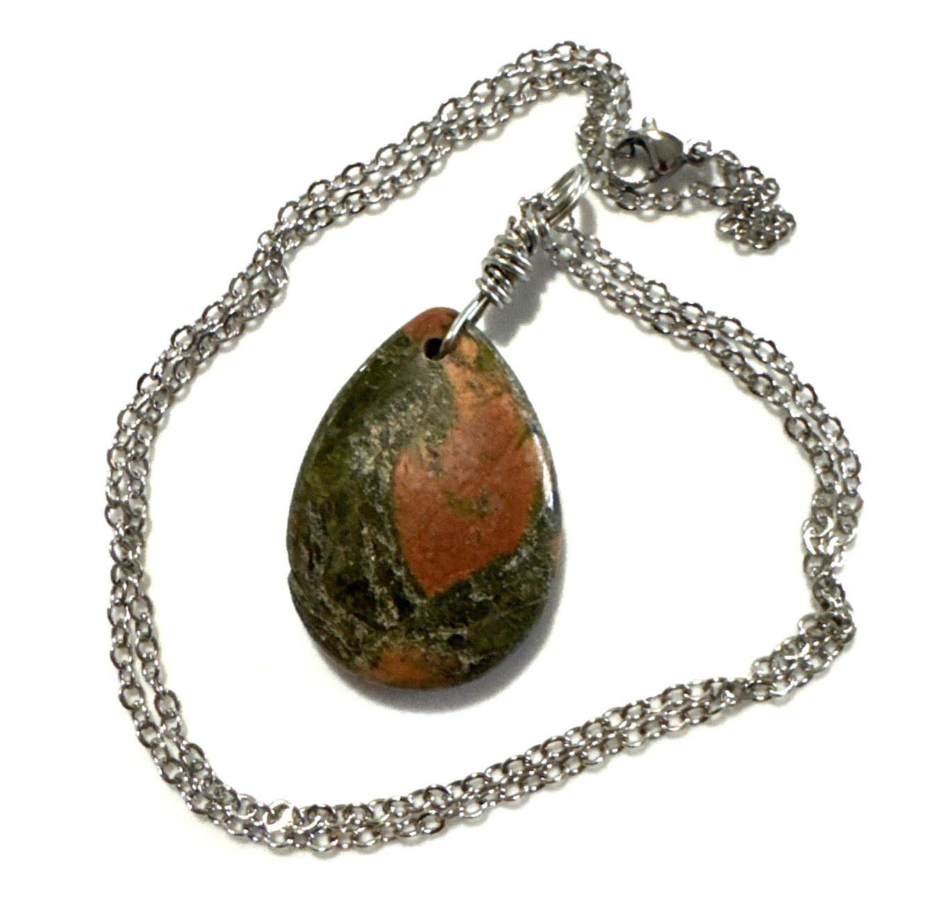 Unakite Cabochon Teardrop Necklace Jewelry Bling Silver Tone Genuine Stone 22″