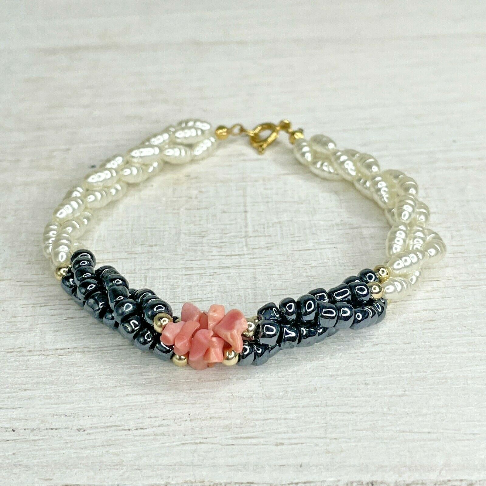 Coral Pink White Black Faux Pearl Bead Bracelet