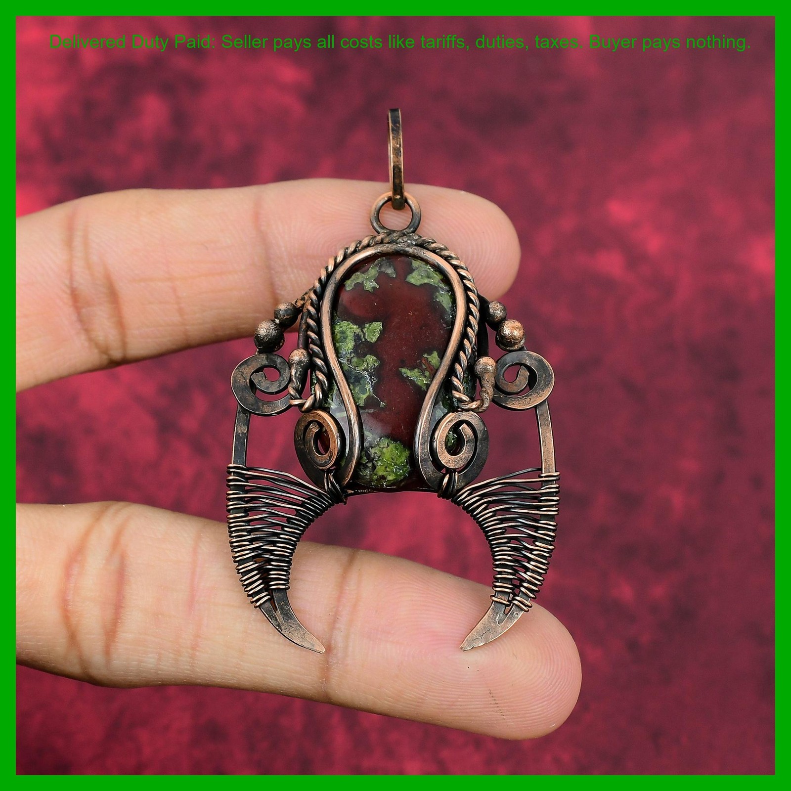 Copper Dragon Bloodstone Stone Unique Wire Wrapped Artisan Mother Gift Pendant