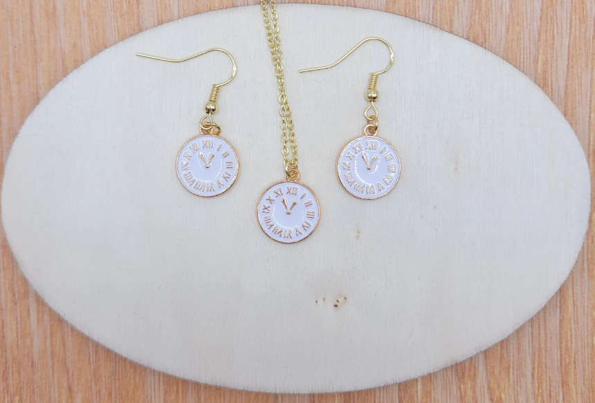 Small size Clock necklace, Clock earrings, White clock necklace, Black clock