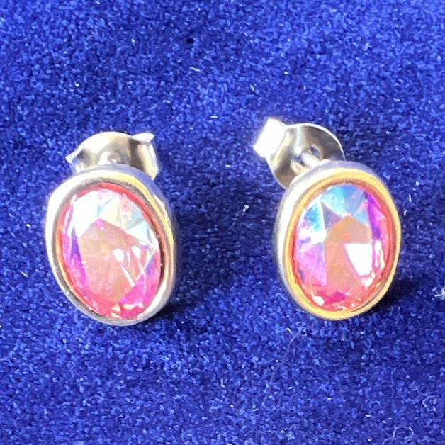 Pink Oval Crystal Stud Earrings Gold Tone Bezel, Silver back Setting Butterfly