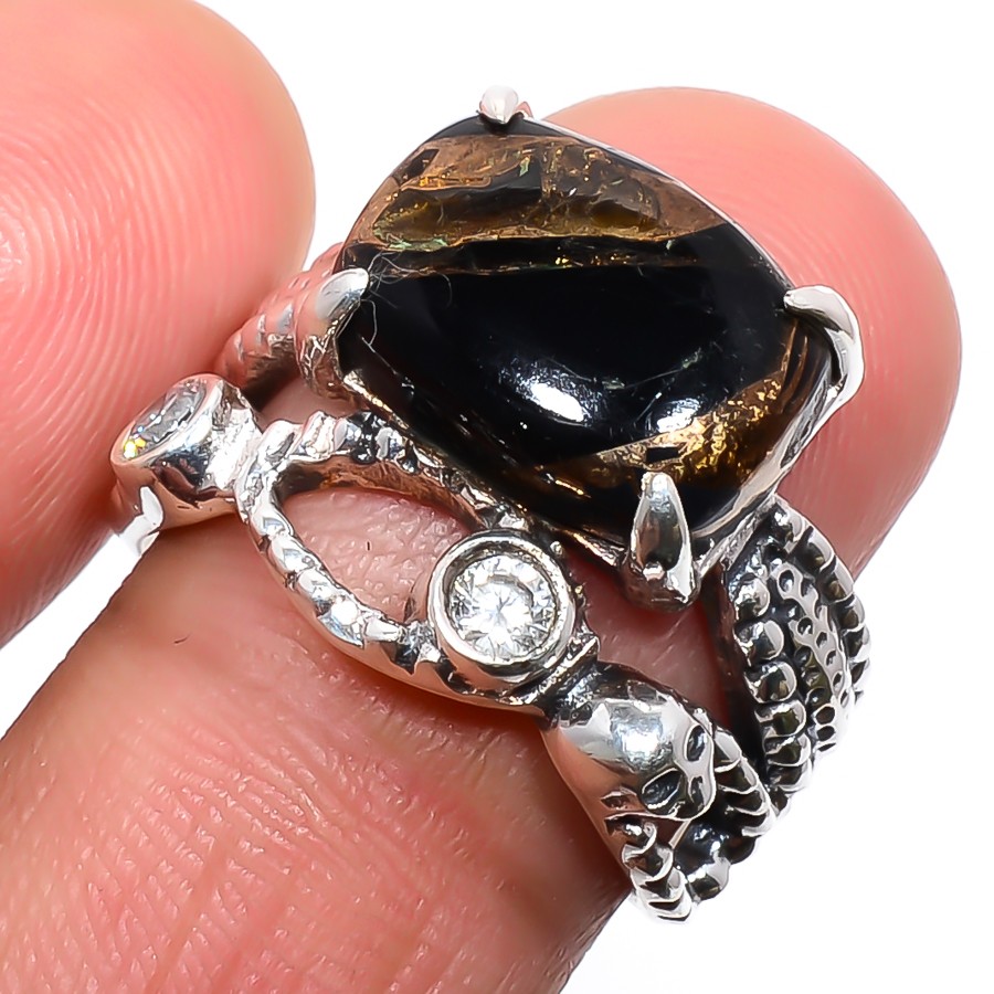 Copper Black Turquoise & White Cz 925 Silver Israeli Ring s.7 F2635