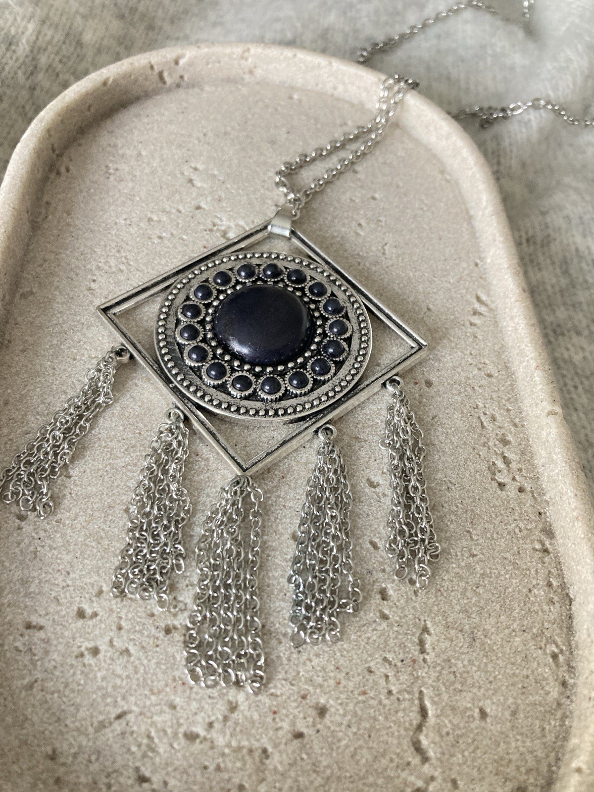 Silver Tone Black Cabochon Boho Pendant Necklace Chain Tassel Fringe Gothic