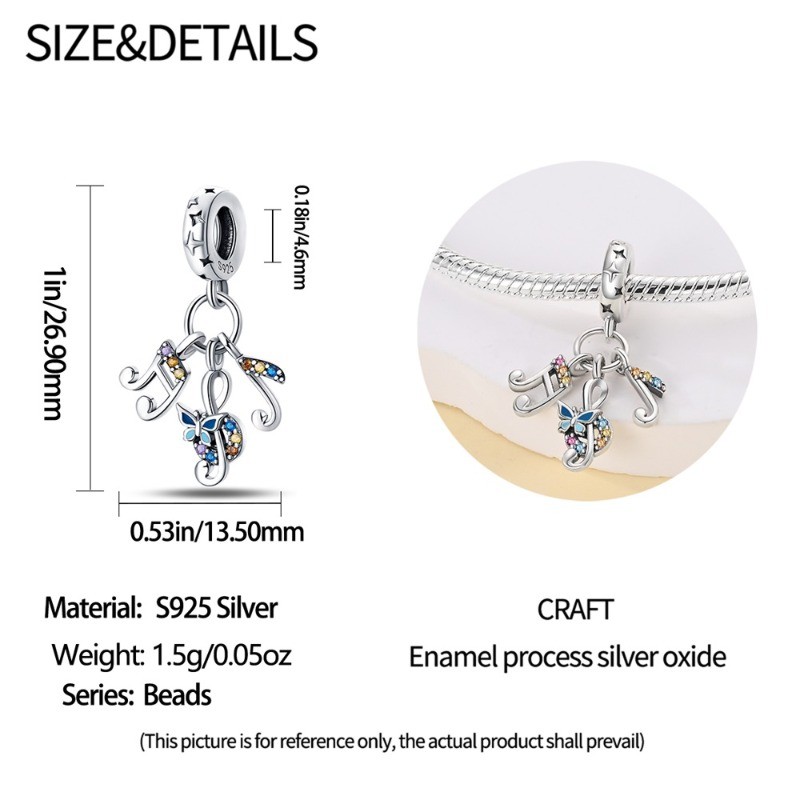 KUNSIR 925 Sterling Silver Charm For Bracelet Colorful Music Notes Pendant Charm