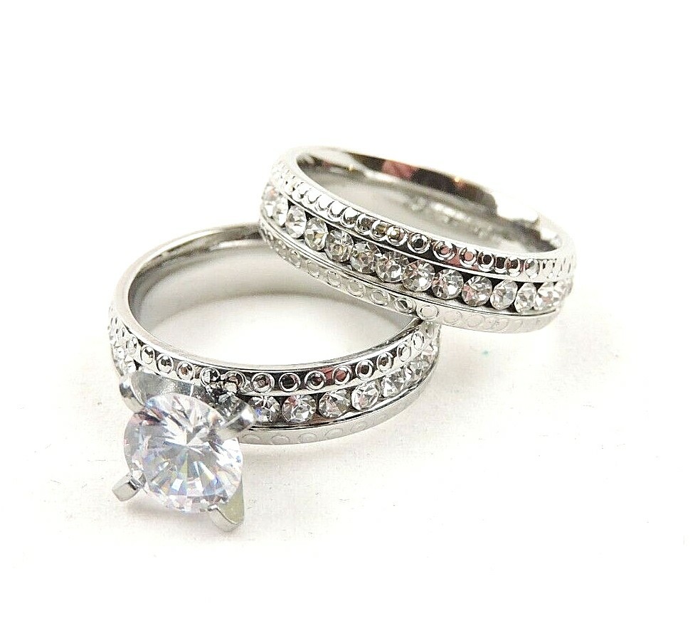 Stainless Steel 4.13 cttw Cubic Zirconia Wedding Set Eternity Bands, Comfort Fit