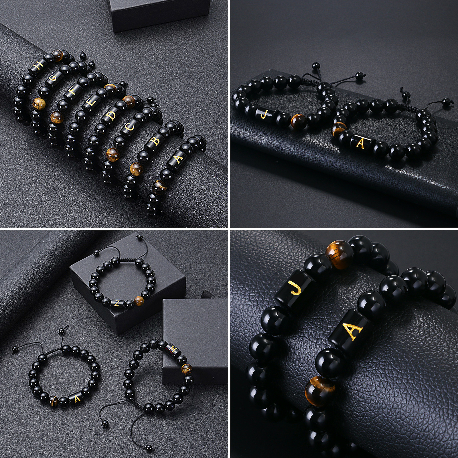 Initial Letter Bracelet For Men Black Onyx Tiger Eye Stone Beads Bracelet 10mm
