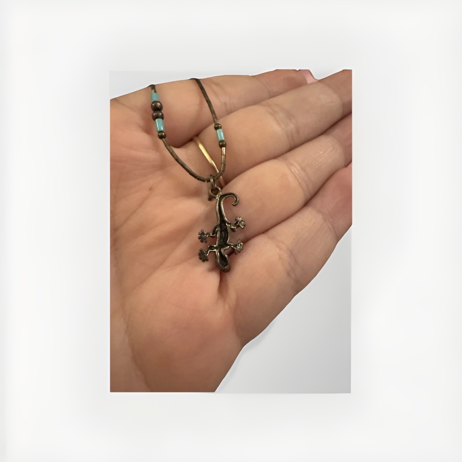 Signed Sterling Silver & Turquoise Heishi Southwestern Lizard Pendant Necklace