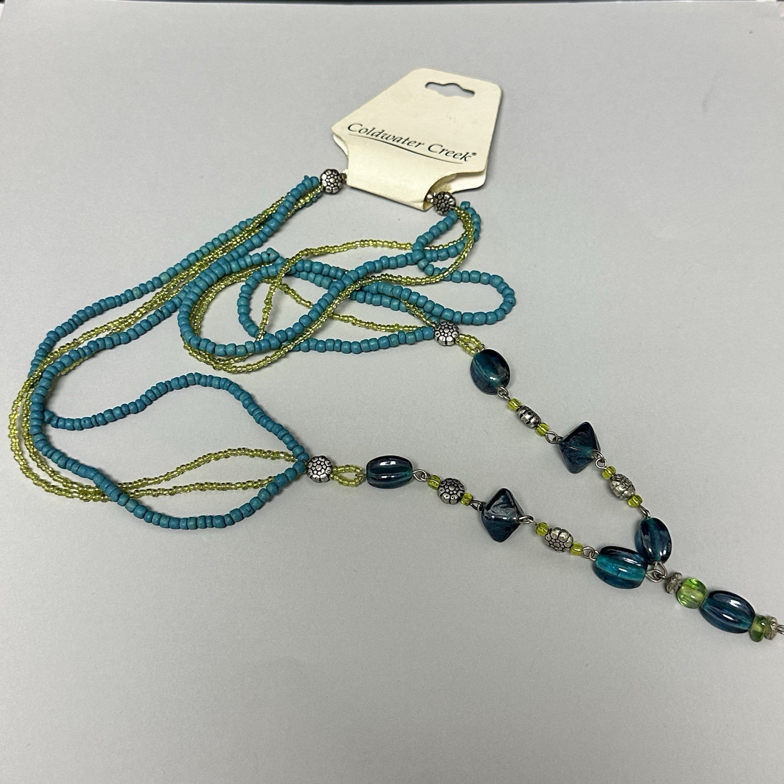 Coldwater Creek Beaded Necklace Silver Tone Green Blue Glass Beads Long Length