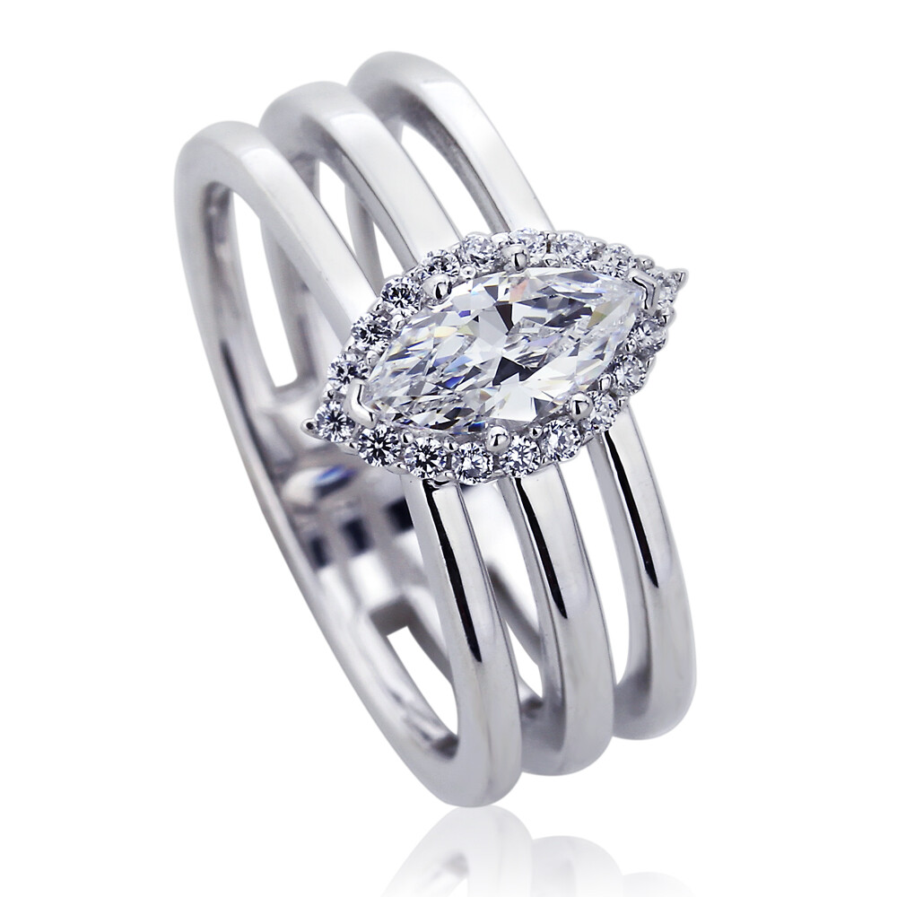 11mm Platinum Plated Silver 0.5ct Marquise CZ Halo Wedding Engagement Ring