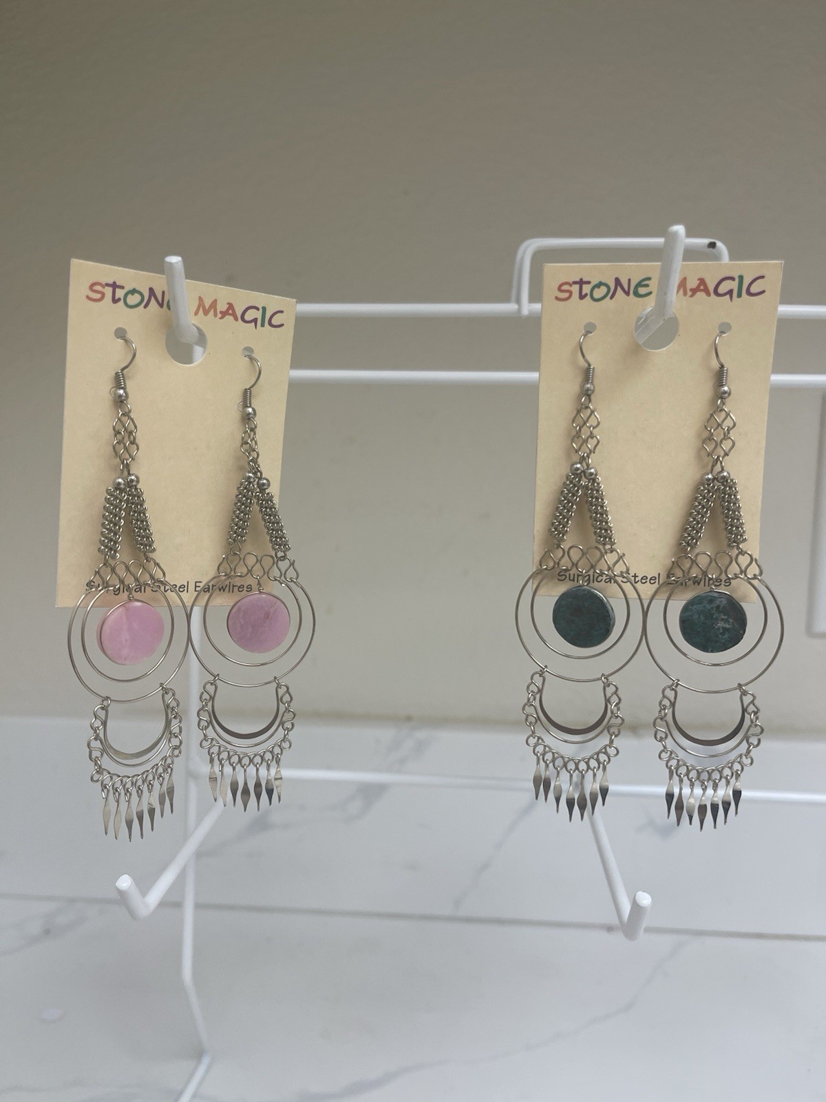 dangle earrings for women Surgical Steel (2 Pairs -pink , Dark Green)See Picture