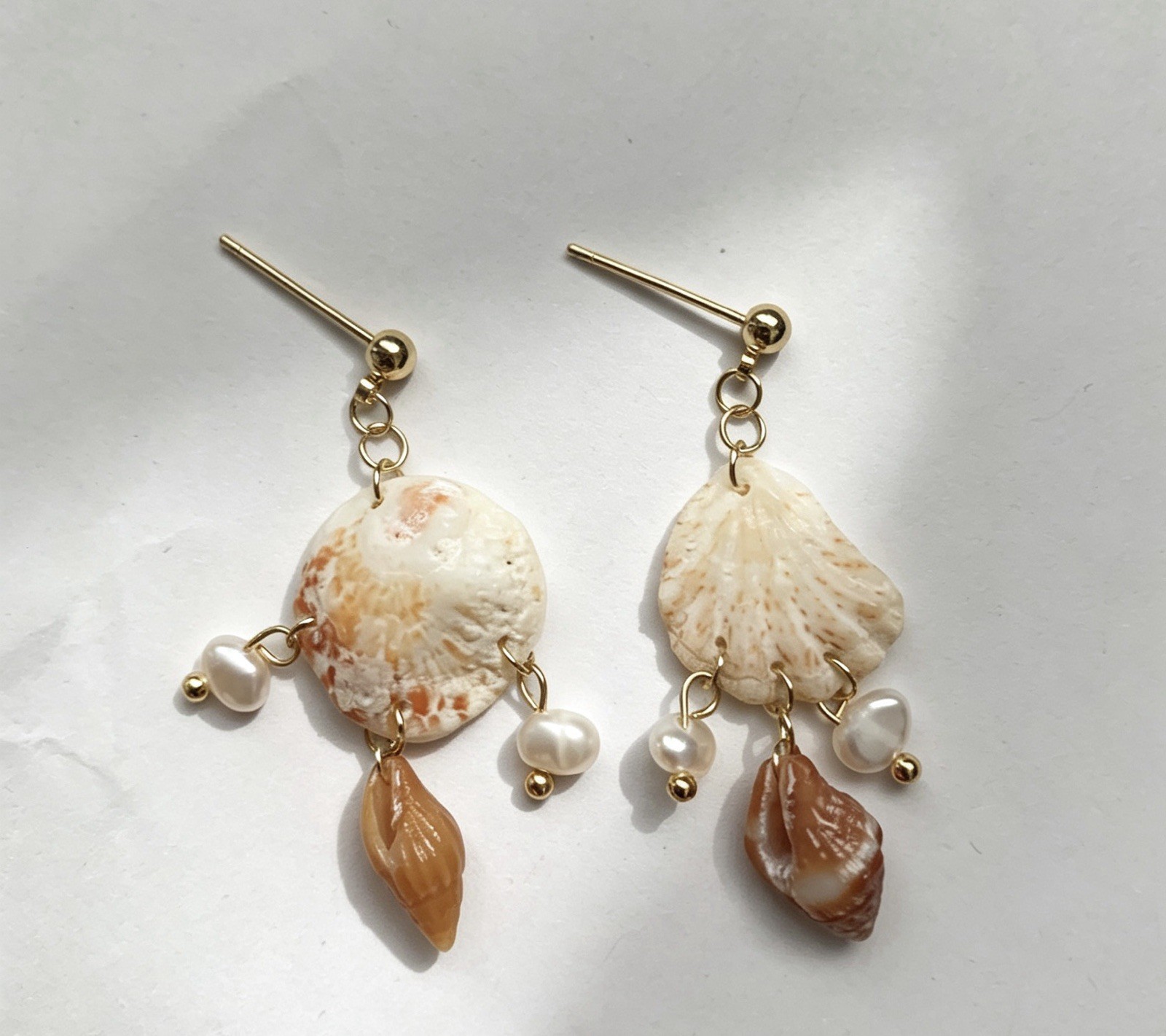 White/Brown Shell & Faux Pearl Beaded Dangle Drop Earrings, Gold Tone Hook