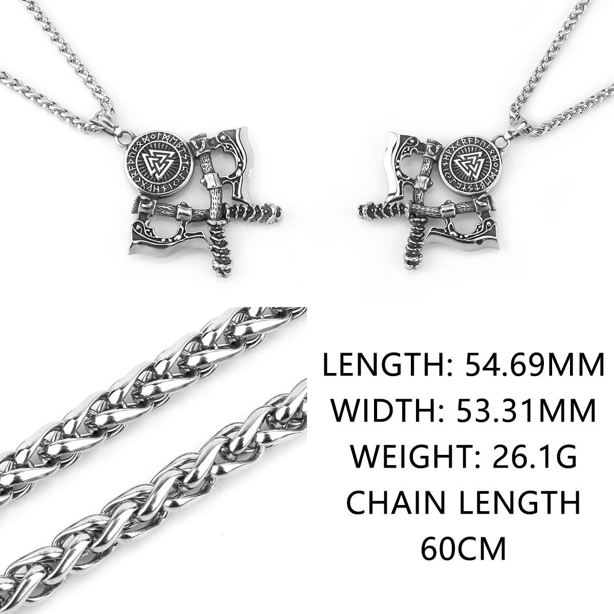Viking Warrior Double Axe Stainless Steel Pendant Necklace Valknut Rune Chain