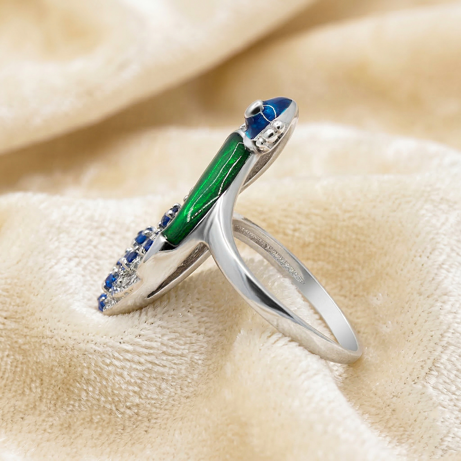Blue/White Cubic Zirconia Enamel Peacock Ring, Unique Handmade Ring In925 Silver