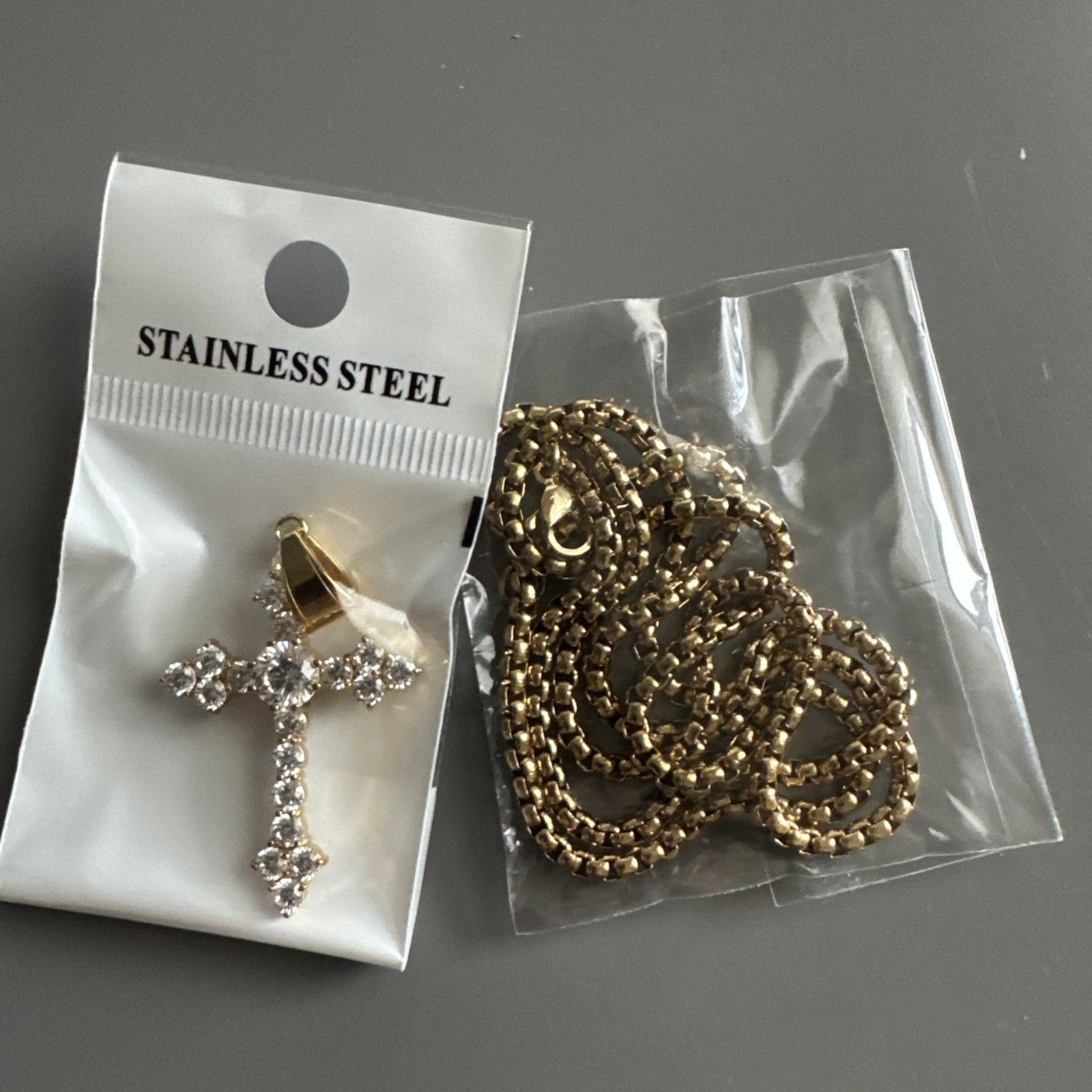 Cubic Zirconia Stainless Steel Cross Pendant Gift Trendy 24” Necklace Gold Tone
