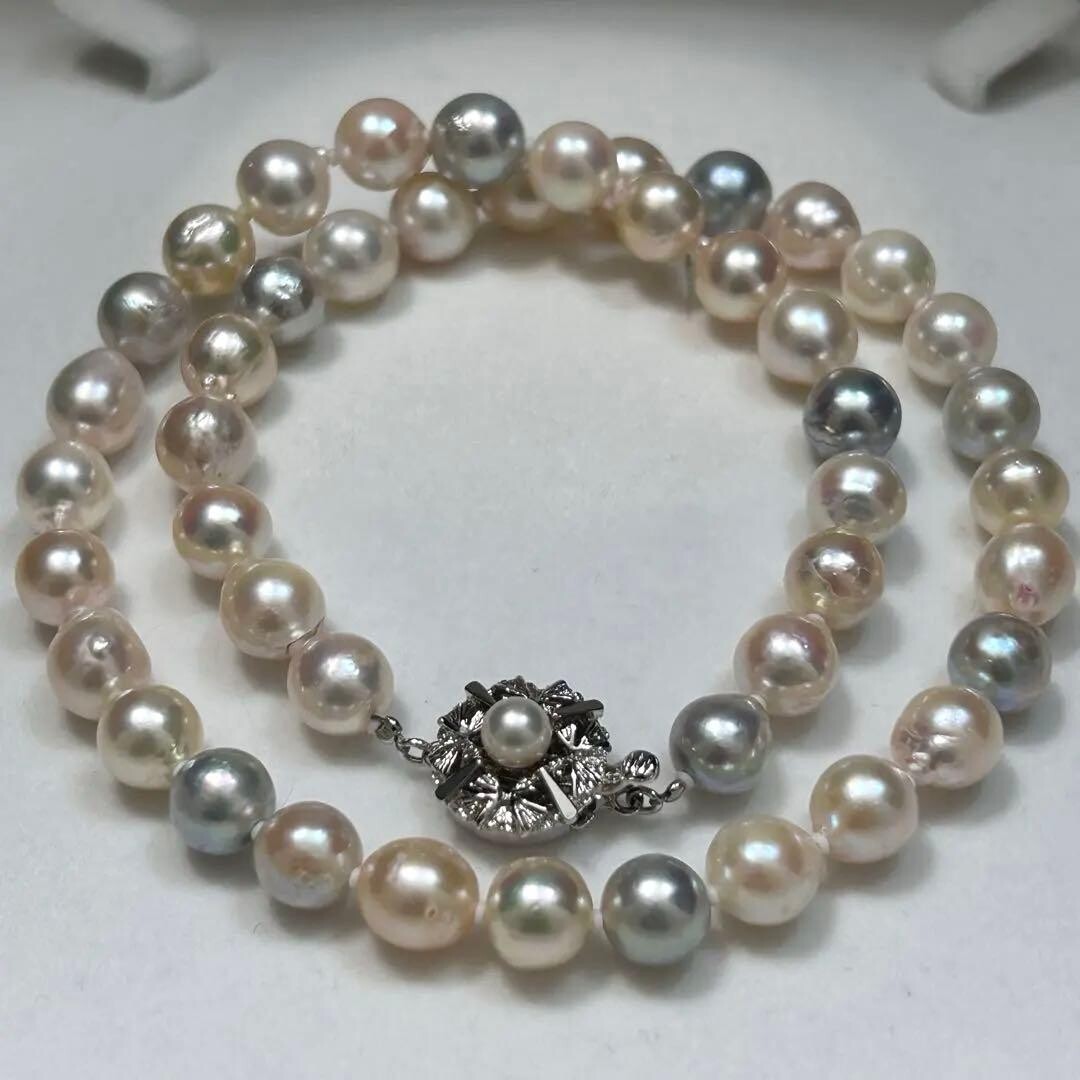 Akoya Pearl Baroque Necklace 8.6mm Multicolor Silver 48cm Auth