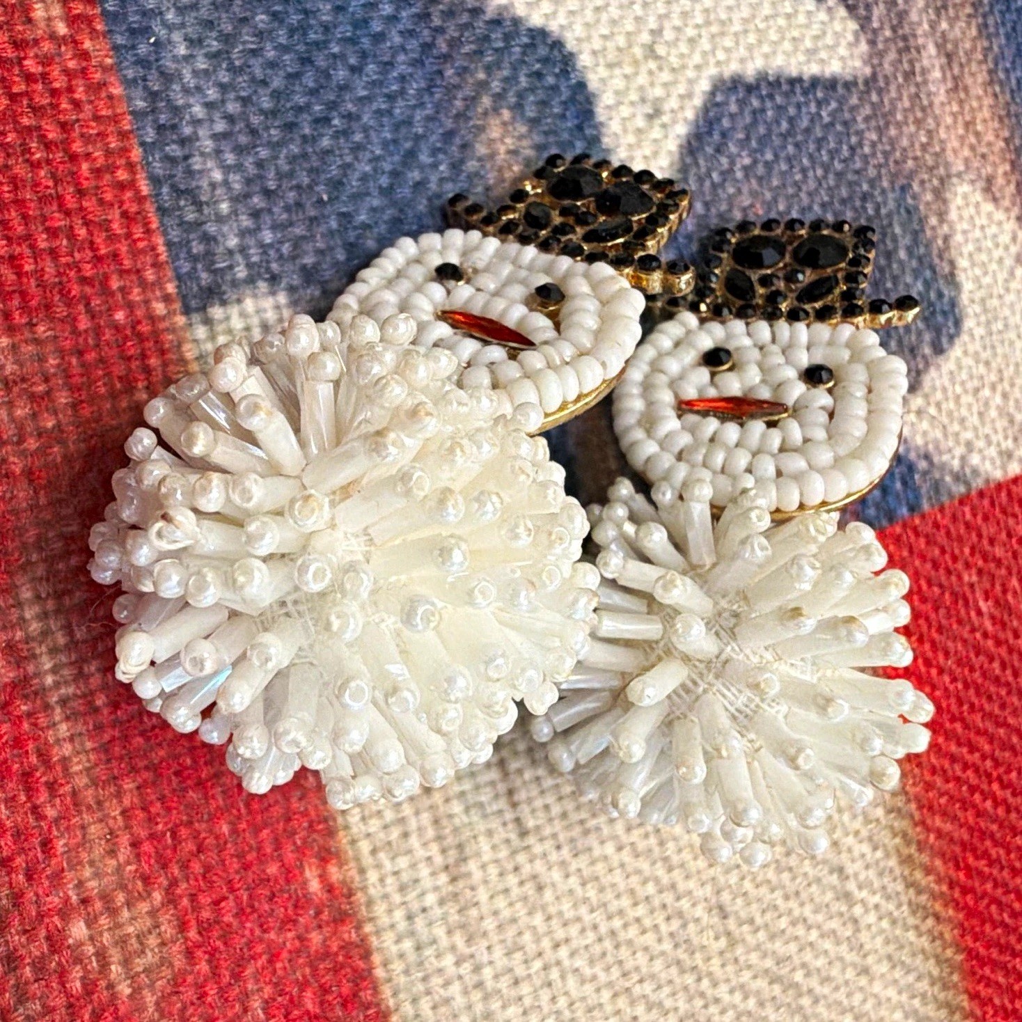 White Black Gold Beaded Snowman Dangle/Drop Earrings Post Closure Round Beads