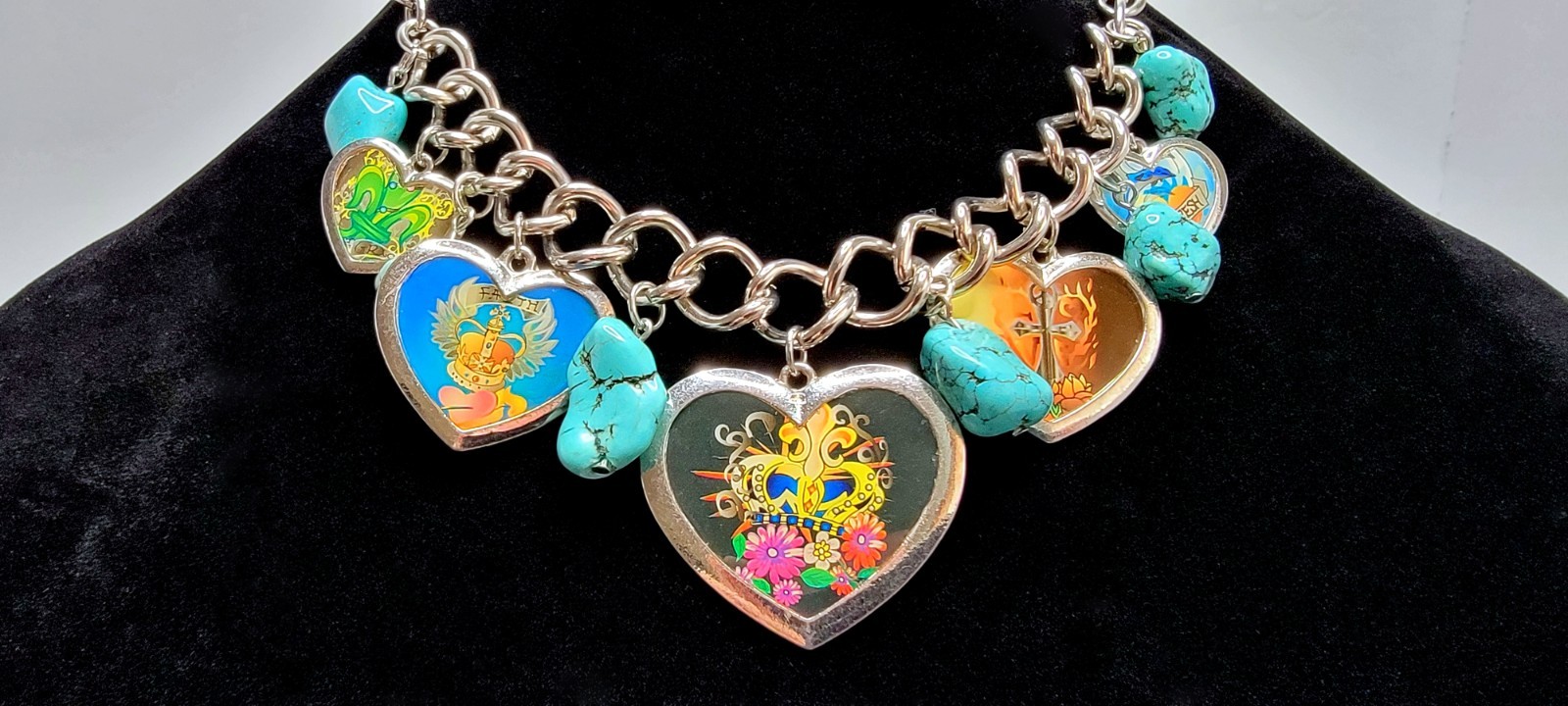 Ed Hardy Style Y2K Chunky Charm Necklace Earring Set Turquoise Heart Tattoo Art