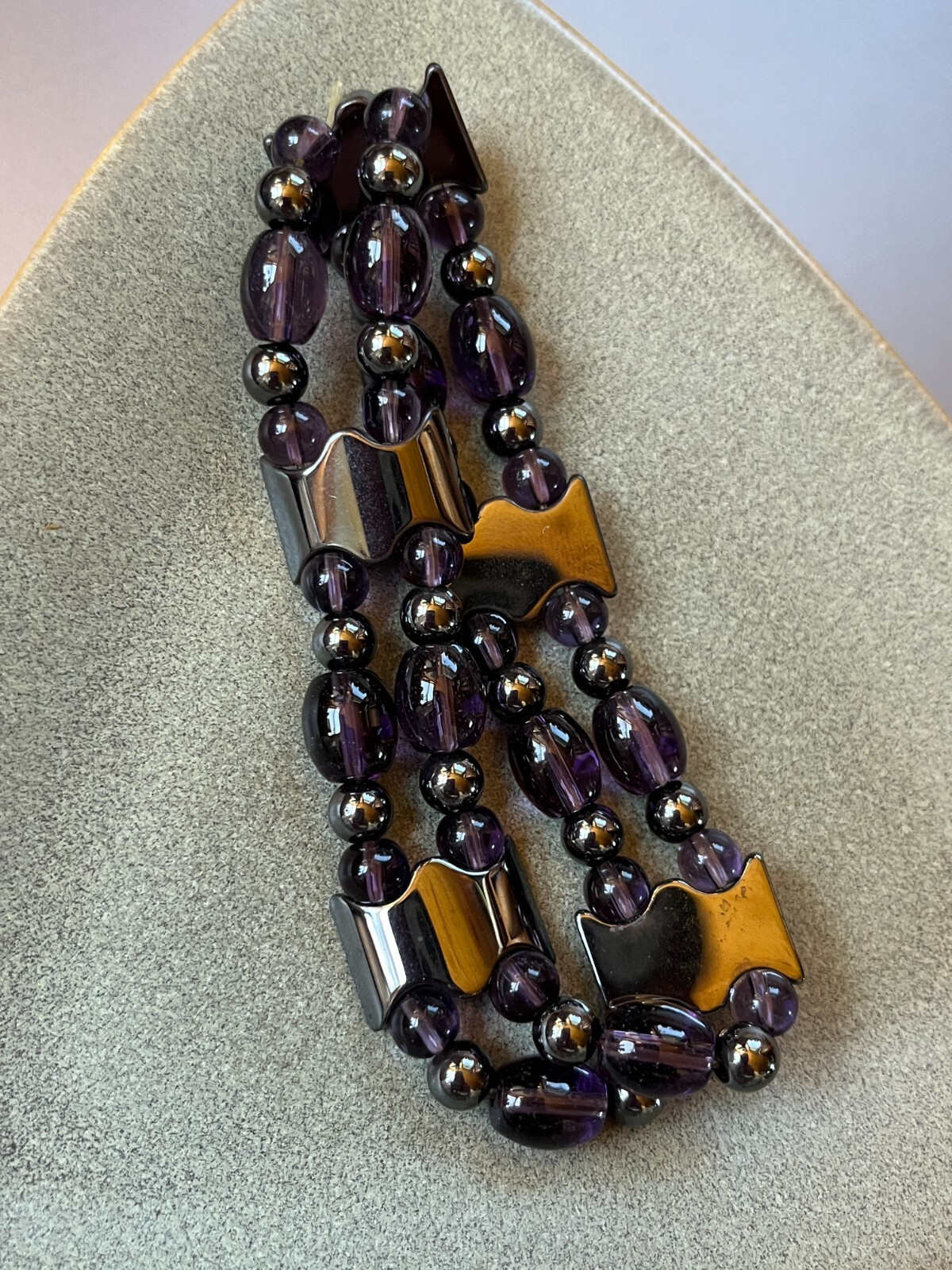 Hematite Scalloped Rectangle Round & Dark Purple Barrel & Round Bead Stretch Bra