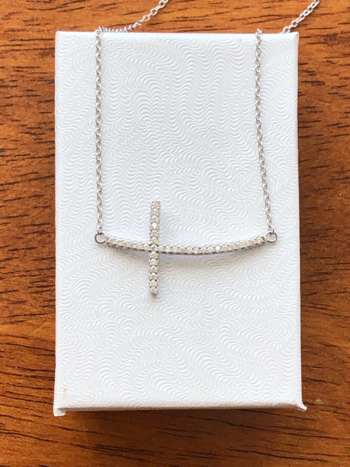 Sterling Silver 925 Sideways Cz Cross Necklace Curved Cross 30mm 17.25″ Womens
