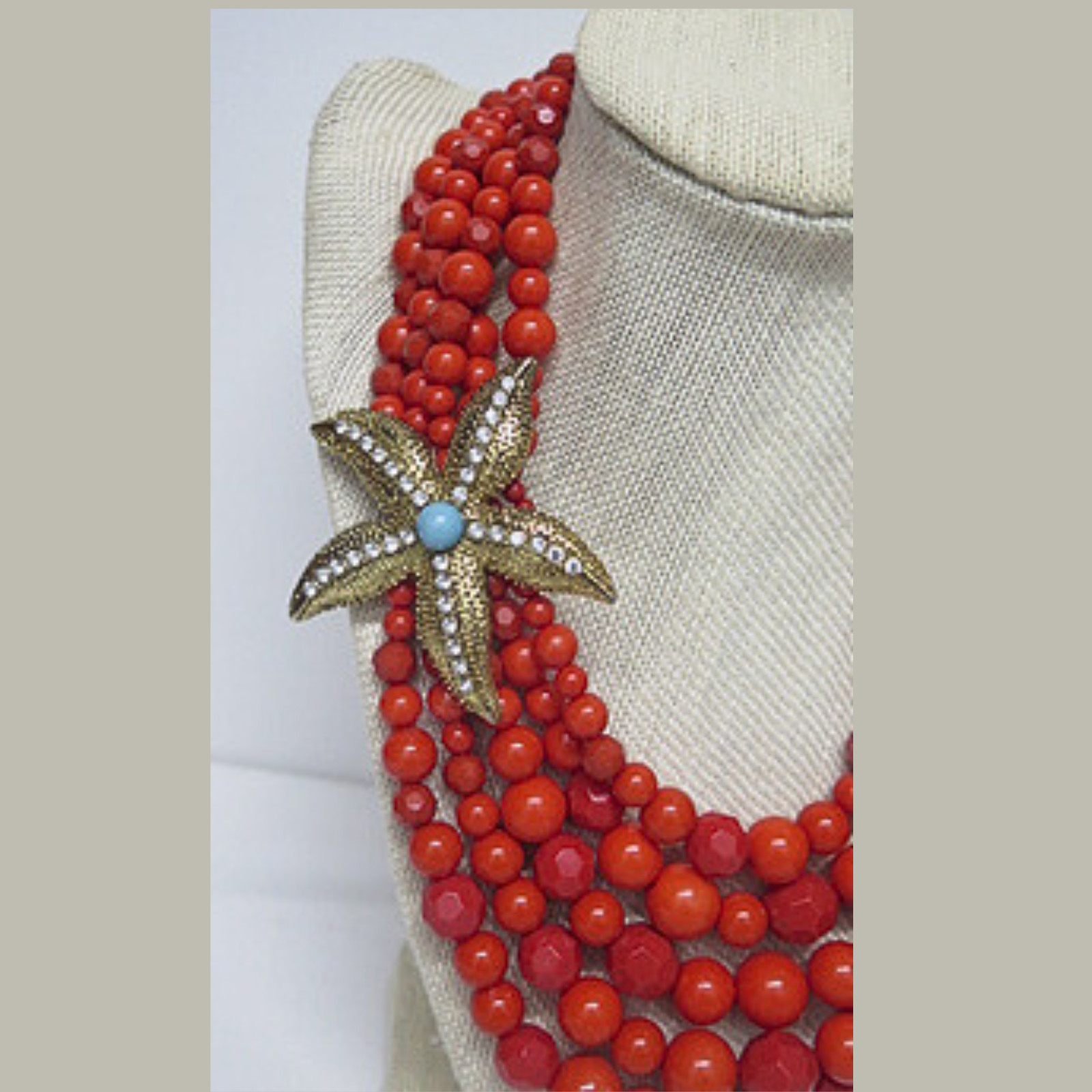 Coral Orange Multi Strand Beaded Necklace Starfish Brooch Statement 16.5″