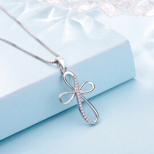 1.50 Ct Simulated Diamond Round Infinity Cross Pendant 14K White Gold Plated 18′