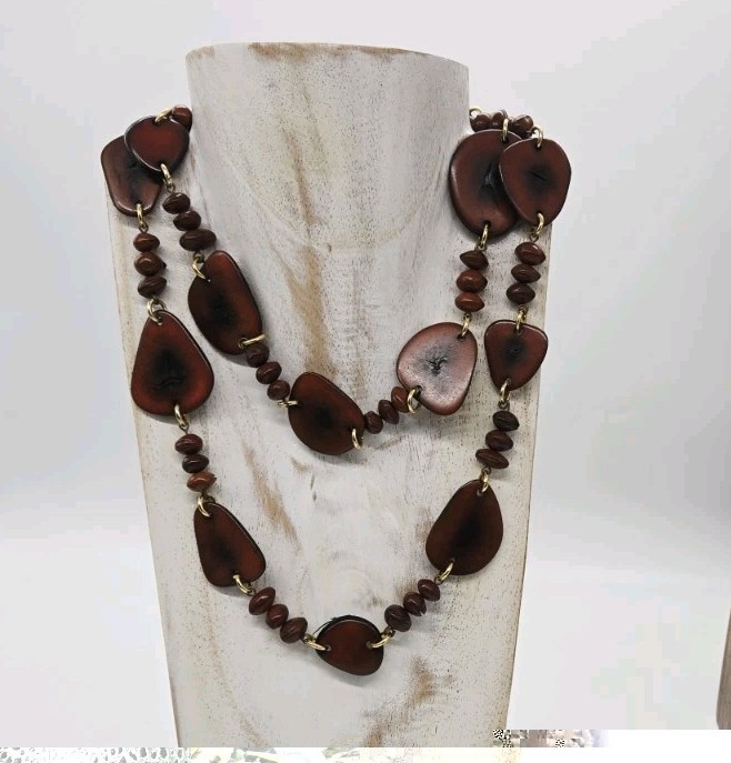 Chunky Tagua Nut Necklace Tan Organic Statement Tribal Boho Vintage 34 in