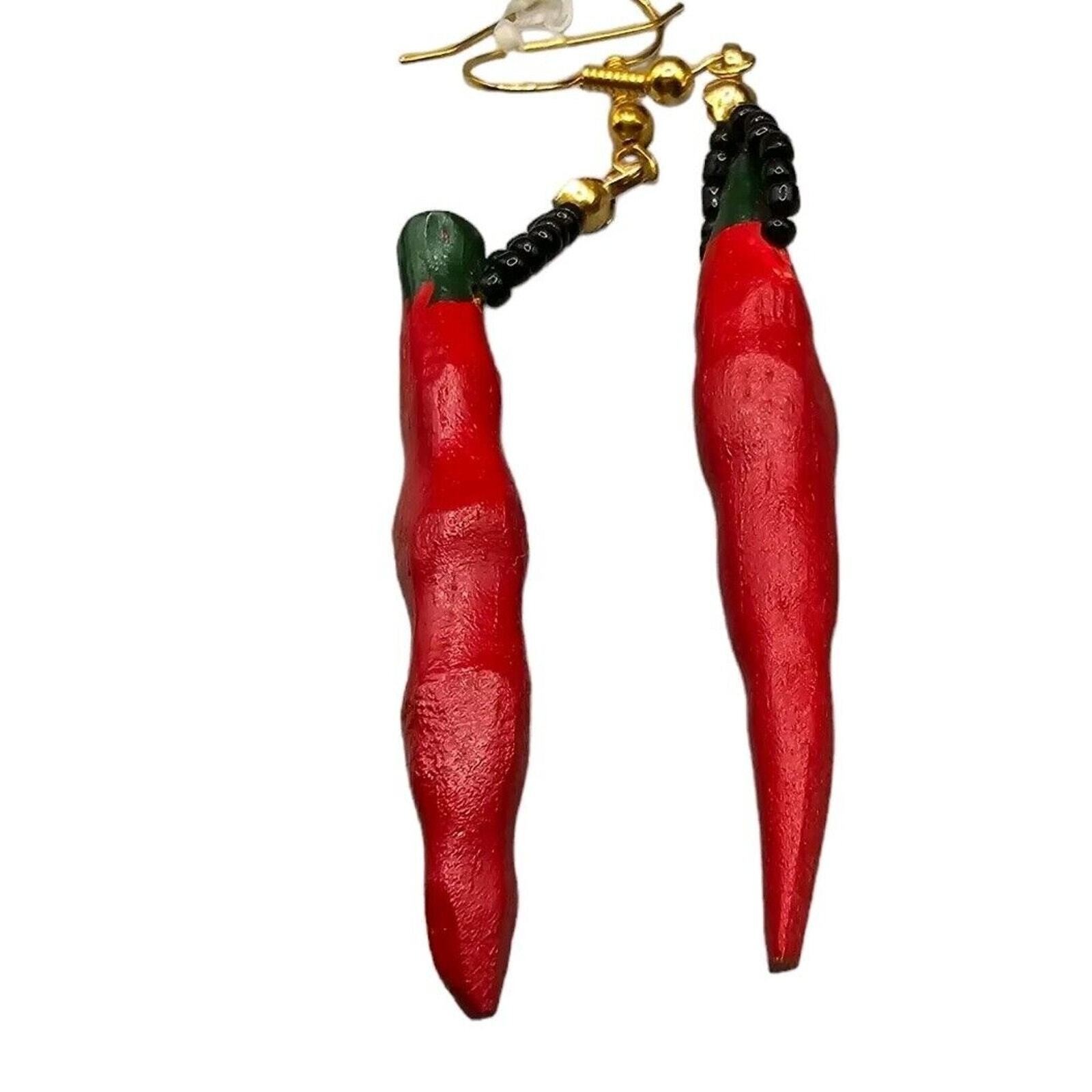 Pierced Earrings Red Hot Pepper Chili Novelty Gold Tone Acrylic SKU2167