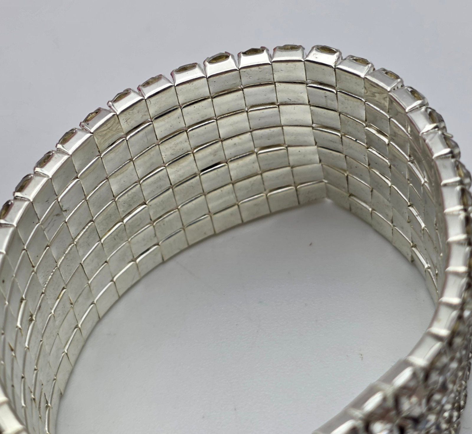 7 Row Clear Rhinestone Stretch Cuff Bracelet Silver Tone 6.5 In 1 In Wide Glam