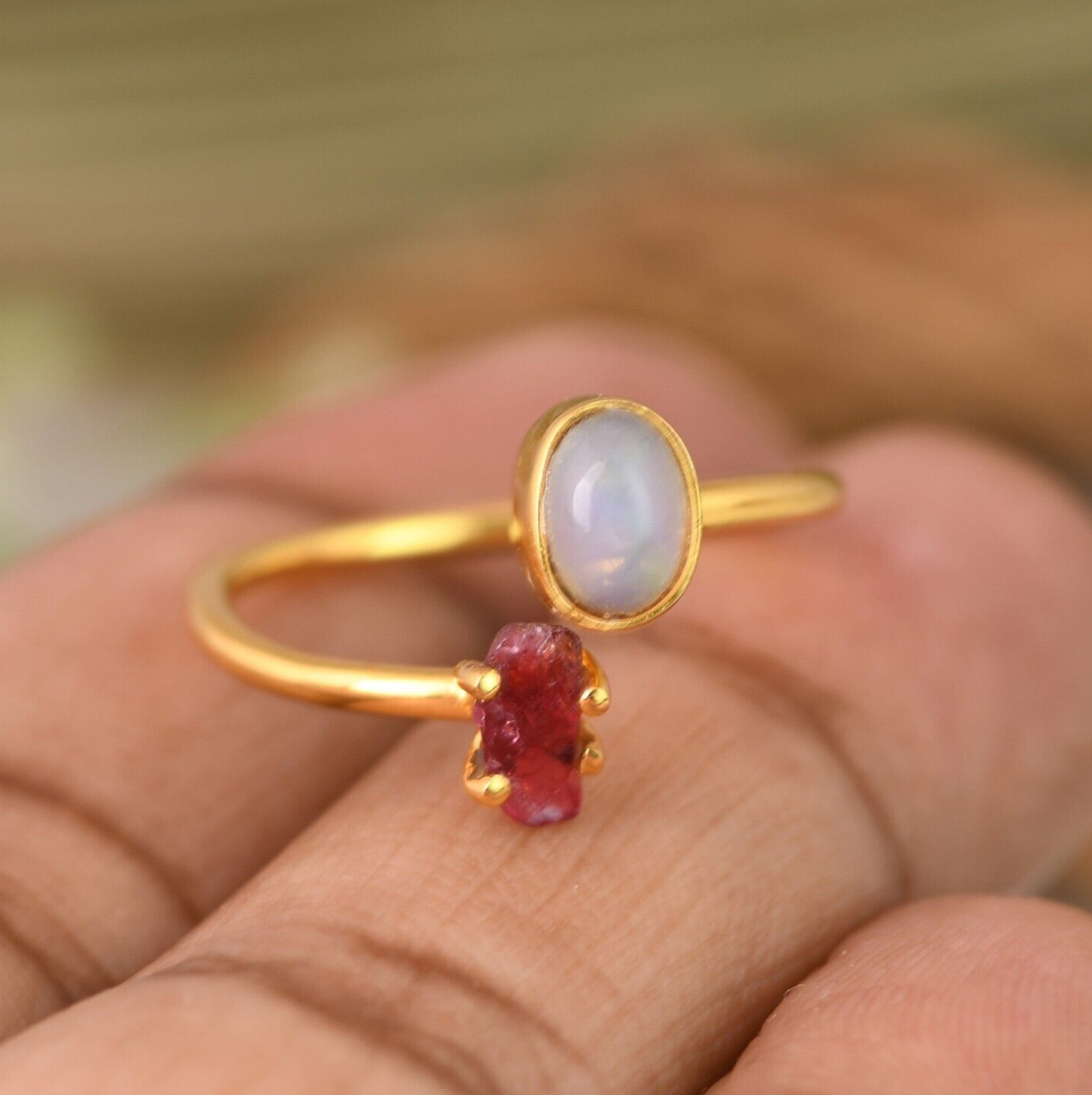 Raw Ruby Spinal & Fire Opal Ring Multi Stone Rough Gemstone Birthstone Jewelry