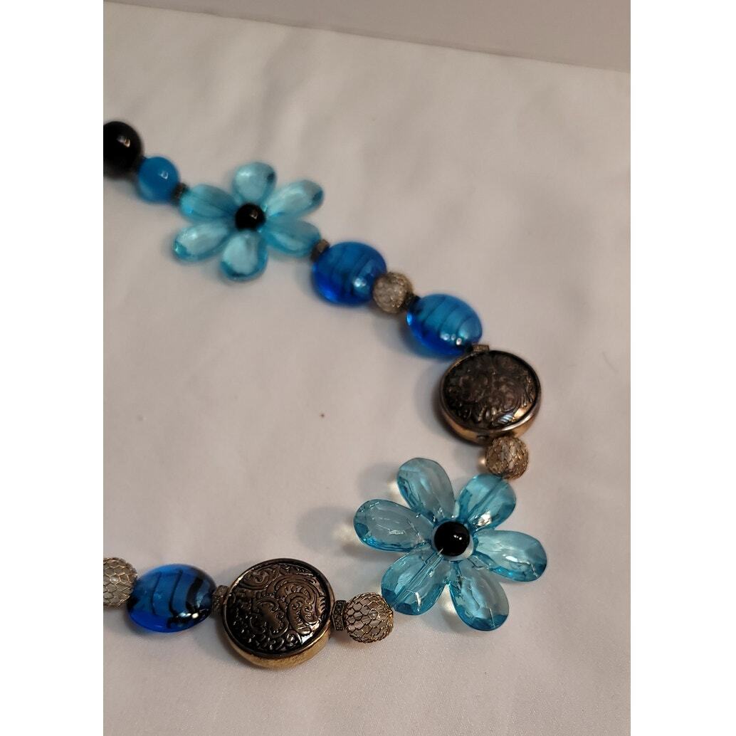 Blue Lucite Flowers Silver Medalian Black Beads Silver Mesh Beaded Necklace