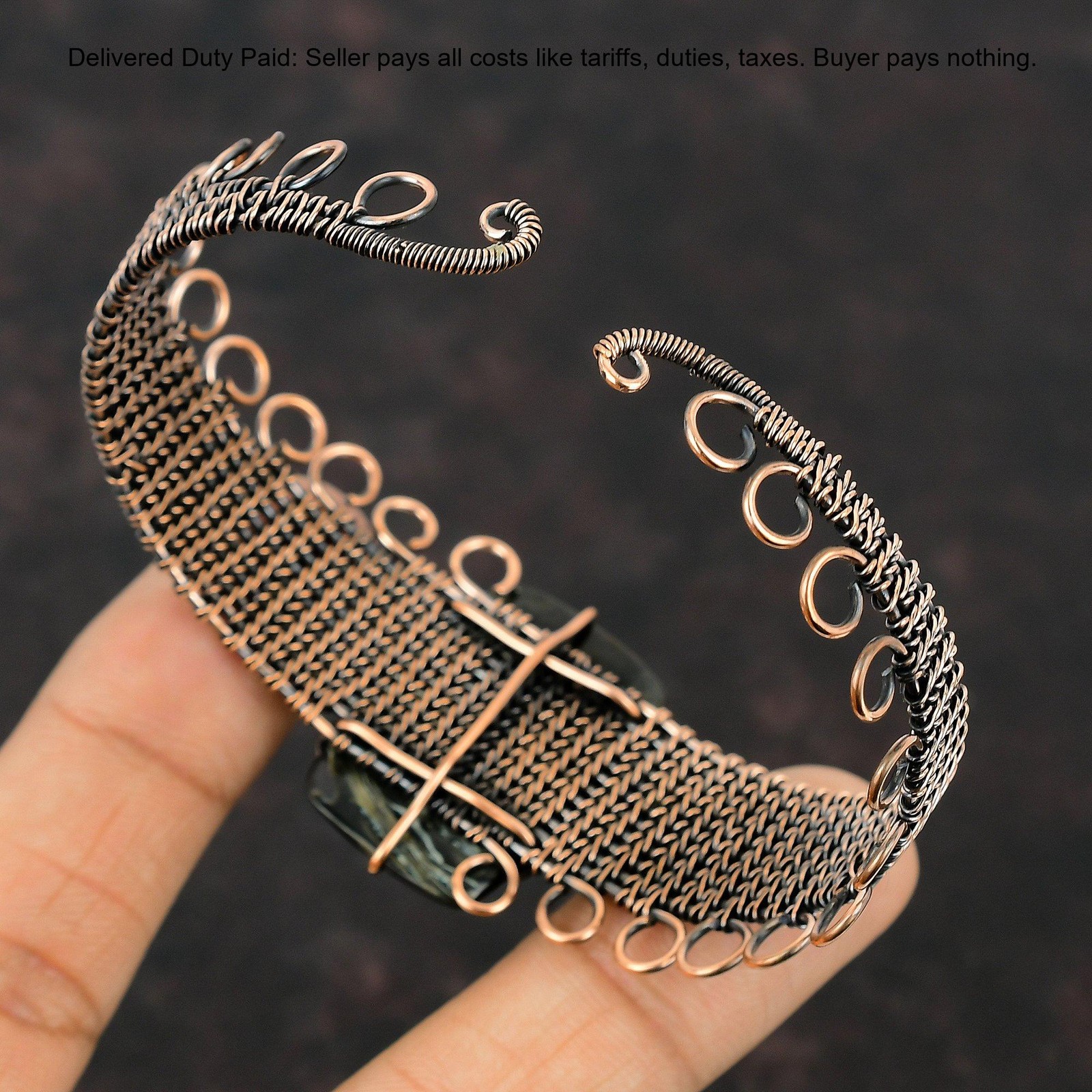 Copper Black Mother Of Pearl Stone Anniversary Wire Wrapped Wife Bangle Bracelet