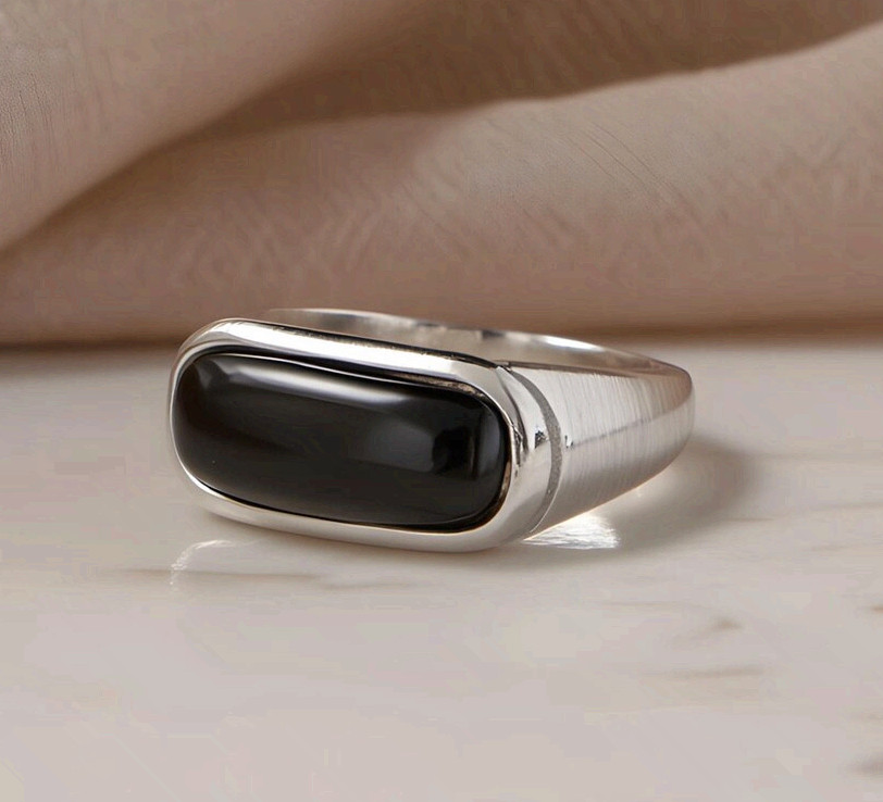 Surgical Steel Silver Fashion Ring Men Women Black Onyx Minimalist Band