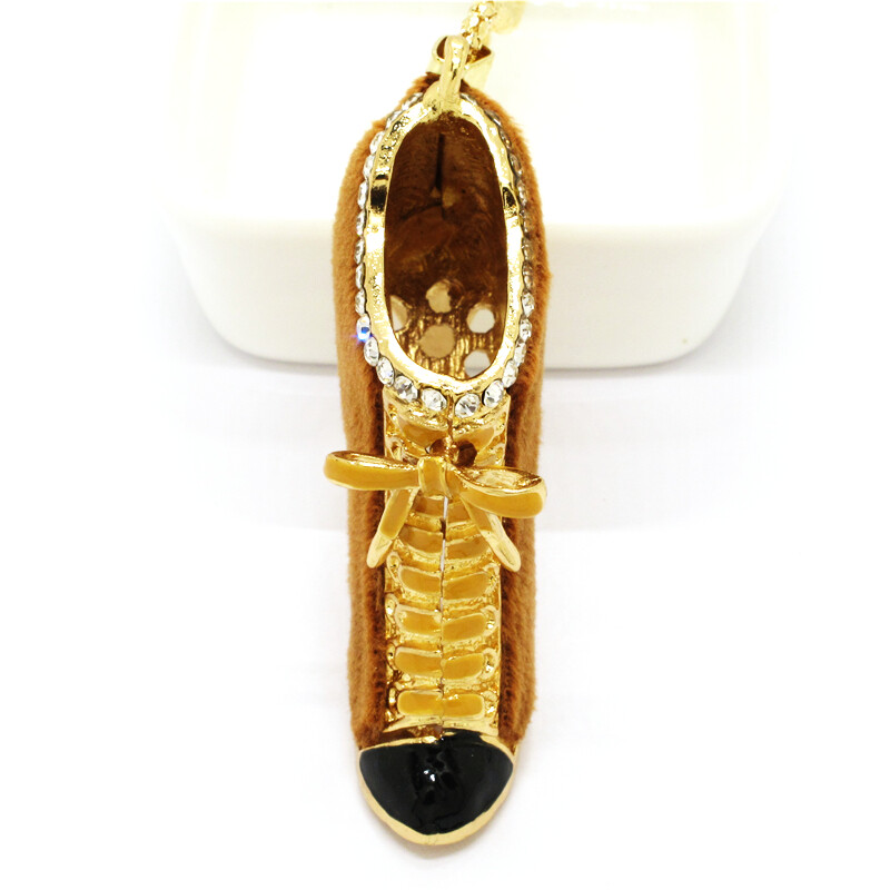 New Fashion Women Brown Lambskin Shoes Vintage Crystal Pendant Chain Necklace