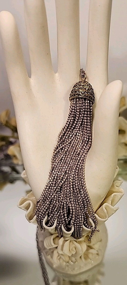 Jessica Simpson Tassel Statement Dangle Silver Necklace Adjustable 50 strands
