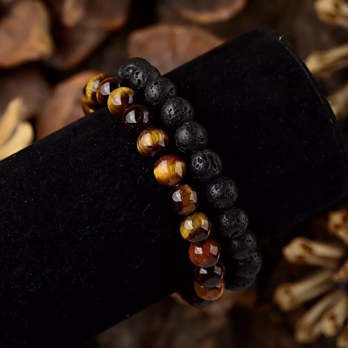 2PCS Men Classic Lava Rock Tiger Eye Gem Stone Beaded Healing Bracelet Boyfriend